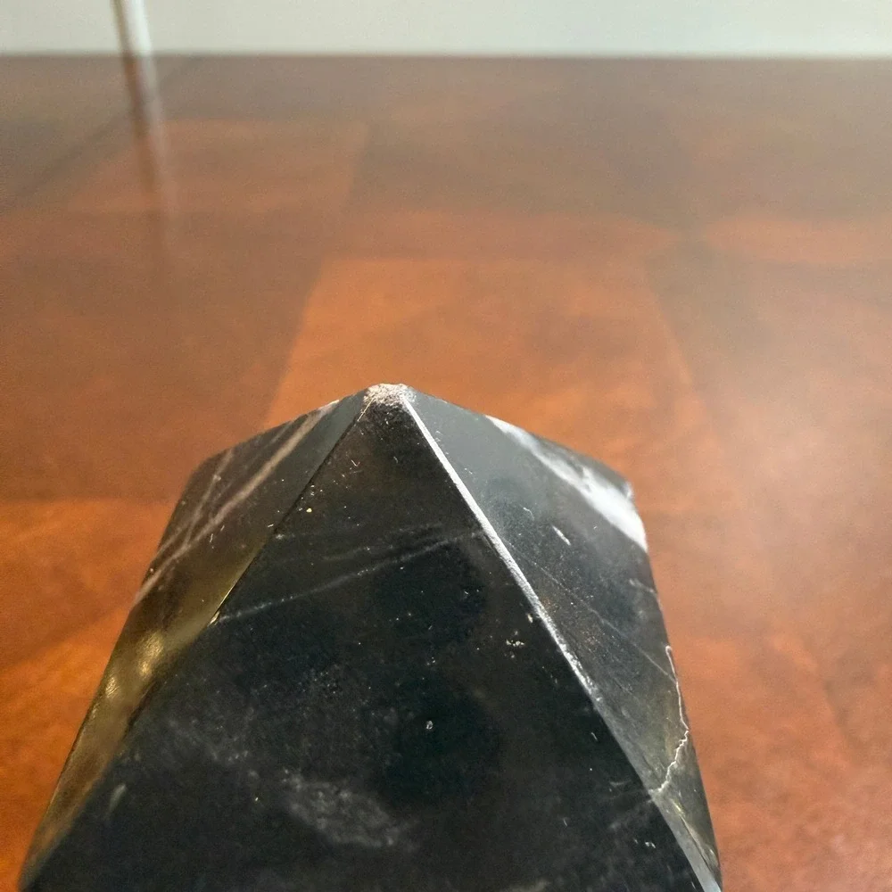 Vintage Black Marble Obelisk Desk Clock Roman Numeral Quartz Pakistan 6 Inch